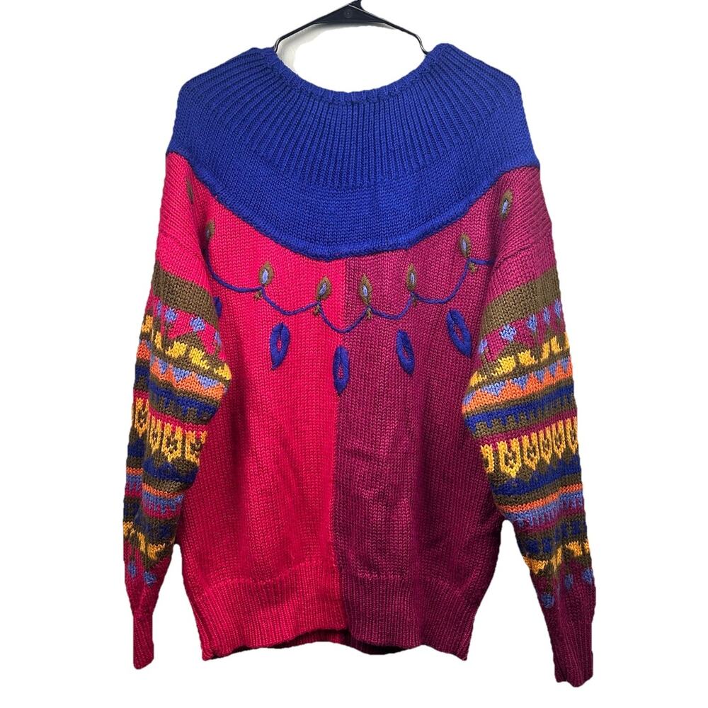 Vintage Leslie Fay Holiday Chunky Retro Sweater Size L Xmas Cottage Funky 80s